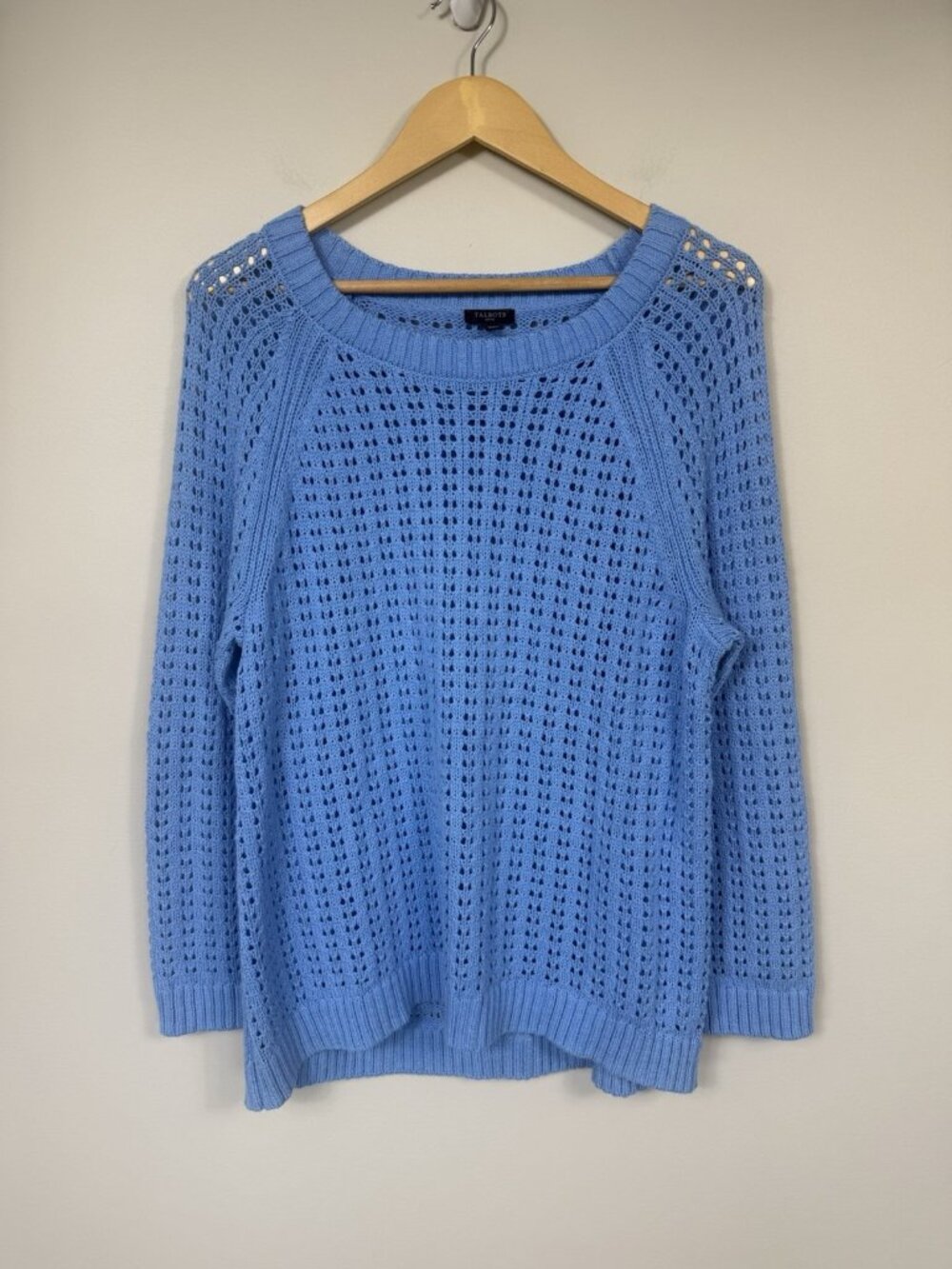 Talbots Sweater Women XL Petite Blue Open Knit Crew Cotton Beach